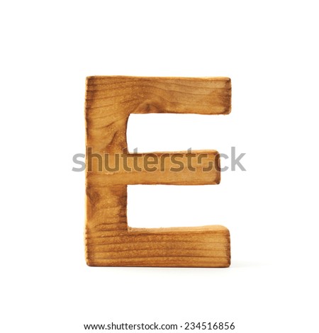 Single capital block wooden letter E isolated over the white background