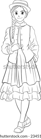 A vector cartoon illustration of a woman wearing a classic vintage outfit