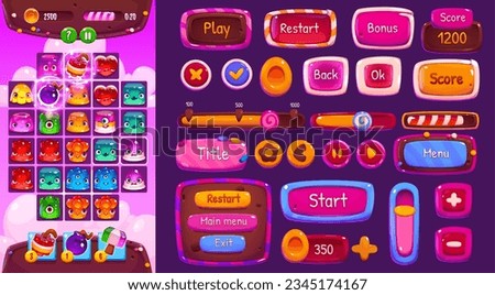 Ui candy match game interface with button and icon vector cartoon design set. Mobile puzzle level with glossy menu kit illustration. Food and chocolate 2d frame assets template with loading panel Royalty-Free Stock Photo #2345174167