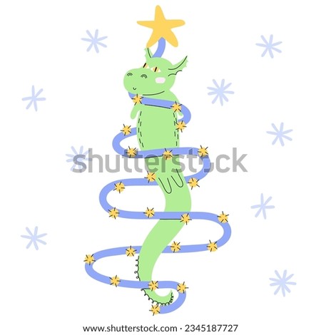 Green dragon symbol of 2024 in a Christmas tree electric garland. holiday card