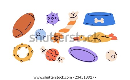 Dogs toys set. Pets supplies, playing accessories for puppy. Canine knotted rope, ball, rubber ring, chewing items, squeaky duckling, bowl. Flat vector illustrations isolated on white background Royalty-Free Stock Photo #2345189277