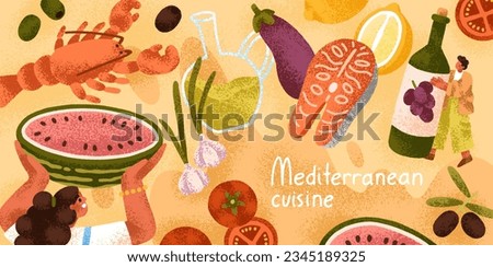 Mediterranean cuisine, food, diet background. Seafood, vegetables, fruits, snacks, wine bottle, fish, lobster on gourmet banner. Healthy delicious Italian and Spanish eating. Flat vector illustration Royalty-Free Stock Photo #2345189325