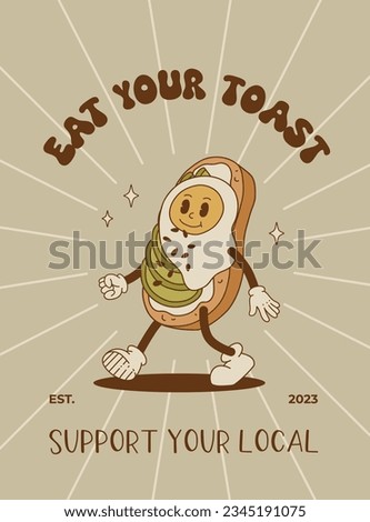 Vector cartoon retro mascot of bread, pastry, burger, sandwich. Vintage style 70s, 60s, 50s character. Groovy poster for bakery and restaurants