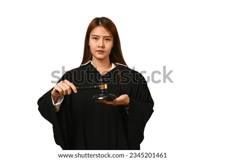 Strict female judge dressed in robe gown uniform with gavel hammer mallet isolated on white background