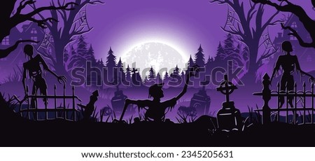 Halloween background with zombie and walking dead, cemetery for holiday poster. Creepy and mystical background with cross, grave, tombstone and skeleton for dark fear october design