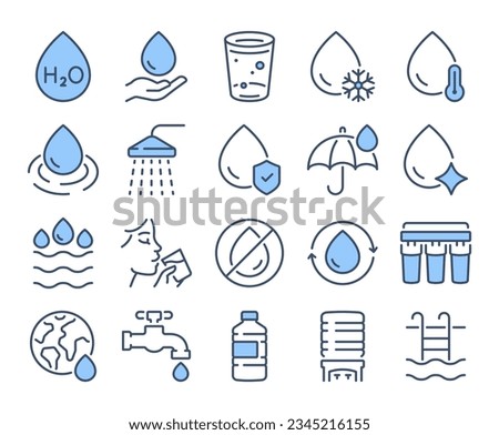 Water concept editable stroke blue outline icons set isolated on white background flat vector illustration. Pixel perfect. 64 x 64.