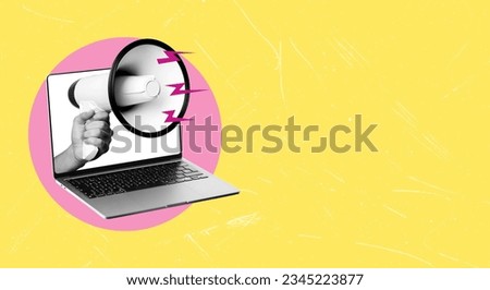 Speaking your own thoughts on the Internet. Man with megaphone in laptop. Modern design, collage of modern art. Inspiration, an idea, a trendy urban magazine. Negative space for text or advertisement.