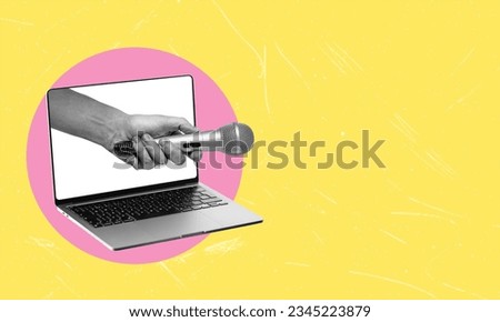 Collage art, hand with microphone sticking out of laptop on yellow background. Yellow press from laptop, daily news.
