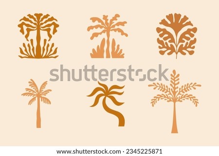 Vector logo and print design templates, summer palms, tropical hand drawn illustrations, tropical surfing concept, vacation and travel, palm trees and hippie boho elements Royalty-Free Stock Photo #2345225871