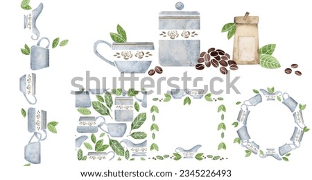 Watercolor hand drawn set of compositions with coffee cups, pots, beans, leaves, croissant, dishes. Isolated on white background. For invitations, cafe, restaurant food menu, print, website, cards.