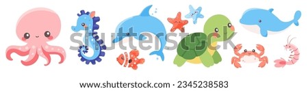 Cute vector nautical set. Children's illustrations on white background. Dolphin whale sea octopus seahorse crab shrimp seagull turtle