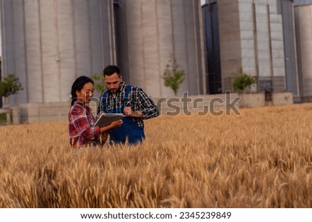 A knowledgeable Chinese agronomist and silo owner meet in a wheat field to assess its readiness for harvest. Engaged in discussion, they compare data and observations, ensuring a thorough evaluation.
