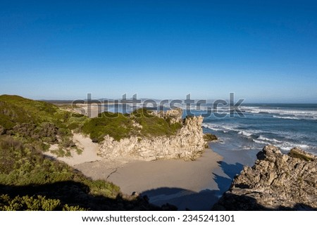 View of Lovers' Cove and in the background, Grotto Beach and Klein Rivier Estuary in the distance. Hermanus, Whale Coast, Overberg, Western Cape, South Africa.