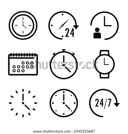 Set of clock and watch vector icons - time and schedule signs.
