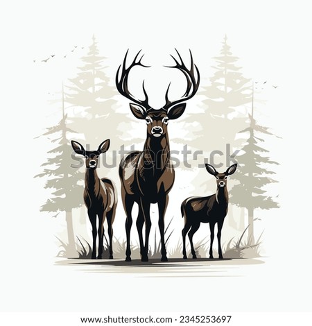 Deer family with trees silhouette vector illustration graphic template