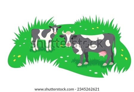 Black and white cow with little calf grazing in a green meadow. Free range cattle, eco farming concept. Simple flat stylized illustration Royalty-Free Stock Photo #2345262621