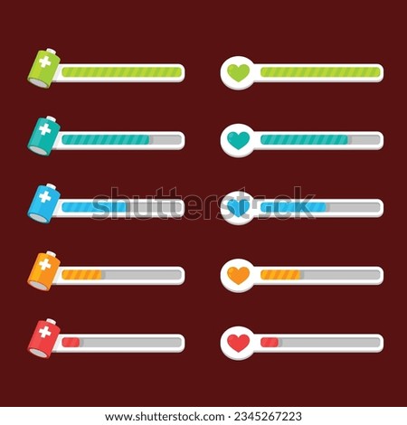 video game elements collection. gaming interface kit. vector illustration. Game UI buttons. Mobile game interface elements set. Progress bar, health bar, panel and indicators. Cartoon colorful design.