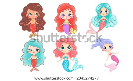 Mermaids, princes, fairytale characters illustration set