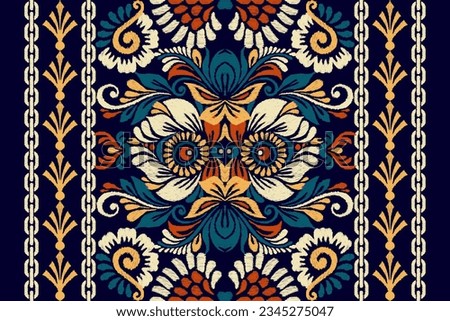 Ikat floral paisley embroidery on dark purple background.Ikat ethnic oriental pattern traditional.Aztec style abstract vector illustration.design for texture,fabric,clothing,wrapping,decoration,scarf.