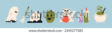 Cute Halloween set for kids with different elements for design. ghost, broom, tombstone, pumpkin, cat, candle, witchs cauldron. Funny doodle Helloween bundle with holiday. Flat vector illustrations