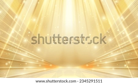 Gold stage scene with spotlight with beam effects decorations and bokeh. Luxury background. Royalty-Free Stock Photo #2345291511