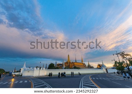 
scenery sunset above the beautiful palace.
Wat Phra Kaew or Temple of the Emerald Buddha.
It is a cultural attraction and an popular landmark or tourist attraction.
the beauty of Thai architecture.
