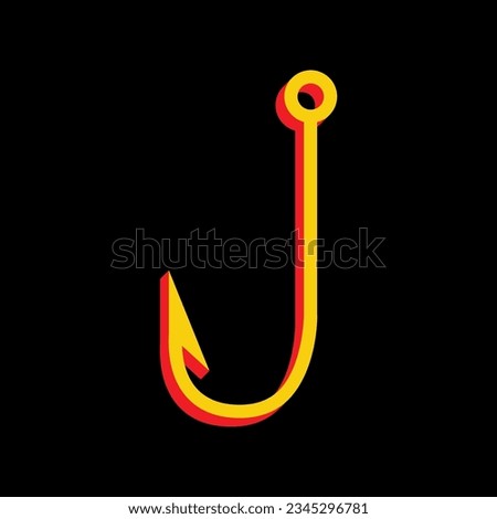 Fishing Hook sign illustration. 3D Extruded Yellow Icon with Red Sides a Black background. Illustration.