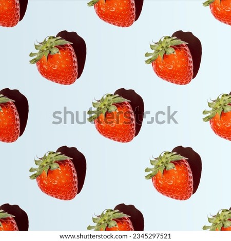 Seamless pattern of red saturated strawberries with a shadow on blue background. Summer natural sweet delicious food background. Suitable for wallpaper, textile, background, poster, greeting card