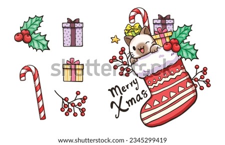 Cute design element cartoon, cartoon illustration of cute cat and a lot of presents in a sock, about Christmas theme, Cartoon illustration for children, Vector image.
