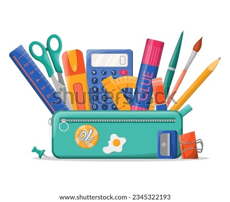 School pencil case with various stationery such as pens, scissors, ruler, calculator, glue. Back to school. Pencil box isolated on white background. Great for design banner, poster, social media, web Royalty-Free Stock Photo #2345322193