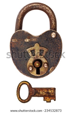Vintage corroded padlock with separate key isolated on a white background