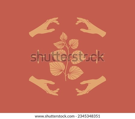 Hand reaching for a leaf shape monochrome illustration. Beauty and nature concept. Modern vector illustration. Silhouettes icons with leaf and hand. Minimalistic design for web.