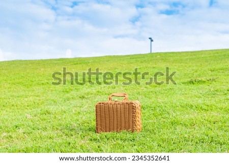 Rattan bag on green grass with blue sky and clouds in outdoor for picnic day at park in summer,wicker basket,Fashionable handmade natural organic rattan bag.