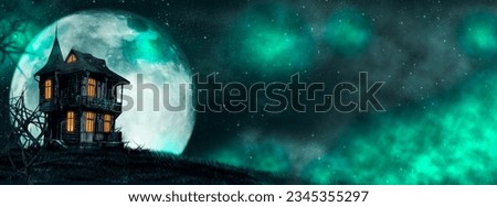Witch house on the hill. Halloween background for festive design mockup. Moon and stars, glowing, paving stones Royalty-Free Stock Photo #2345355297