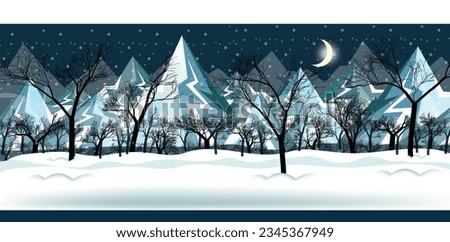 Winter snowy landscape night forest against the backdrop of mountains location for 2d game. Vector illustration