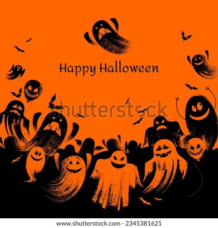 Halloween banner with black ghosts and bats on the orange background. Illustration with text.

