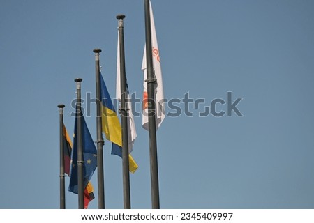 flags on tall metal poles flutter against the sky
