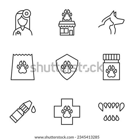Pack of isolated vector symbols drawn in line style. Editable stroke. Icons of veterinary clinic, vet, cat, dog, food, medication, pet, animal, injection, tooth 