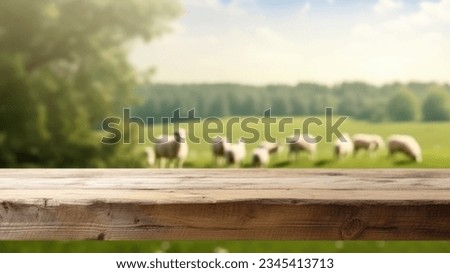 The empty wooden brown table top with blur background of sheep pasture. Exuberant image.