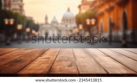 The empty wooden table top with blur background of Rome street. Exuberant image.