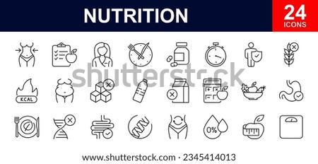 Nutrition web icons set. Healthy food - simple thin line icons collection. Containing detox, diet, fat, protein, vegetables, fruit, carbohydrates, sugar and more. Simple web icons set Royalty-Free Stock Photo #2345414013
