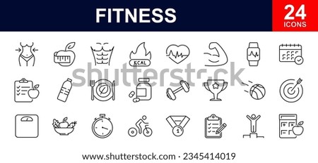 Fitness web icons set. Sport and fitness - simple thin line icons collection. Containing gym, healthy lifestyle, exercise, diet, weight training, body care, workout and more. Simple web icons set Royalty-Free Stock Photo #2345414019