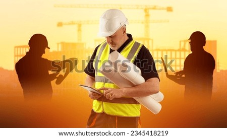Man builder with blueprints. Architect holding electronic tablet. Civil engineer at sunset. Houses under construction in background. Construction company employee. Man in builder uniform and hardhat