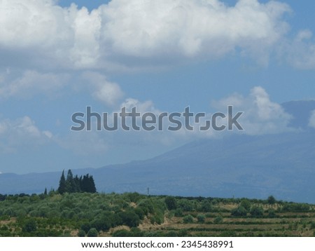 Landscape with vineyards, mountain and cloudscape, Sicily, Italy. High quality photo