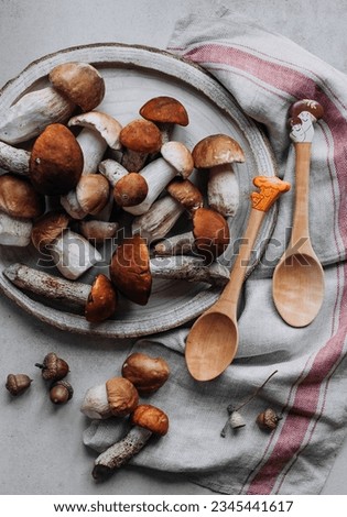 Forest mushrooms, wooden spoons with pictures and linen tower.