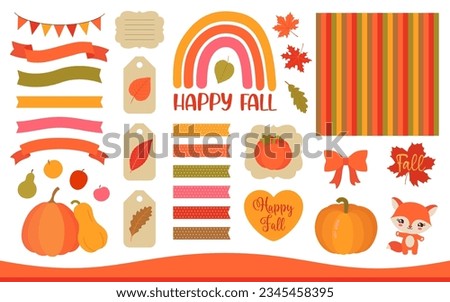 Fall clipart flat design. Autumn Thanksgiving icons. Pumpkins, leaves, cute cartoon fox. Lettering text. Fall ribbon banners and gift tags. Autumn colors. For greeting card, social media, scrapbook.