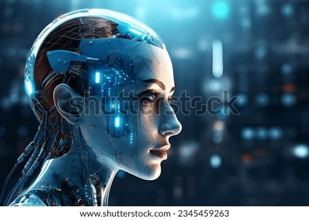 Immerse yourself in the vanguard of technological advancement with our captivating AI-robot face stock image. This meticulously crafted depiction masterfully combines the nuanced realism of human feat Royalty-Free Stock Photo #2345459263