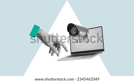 Internet surveillance and security concept. Espionage and Internet stalking. Collage with laptop and CCTV camera Royalty-Free Stock Photo #2345463349