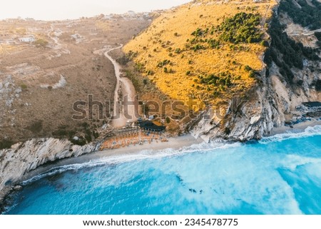 Albania riviera. Beach on coast of Ionian Sea in Albania, Ksamil, near Greece island Korfu. Shpella e Pëllumbave beach