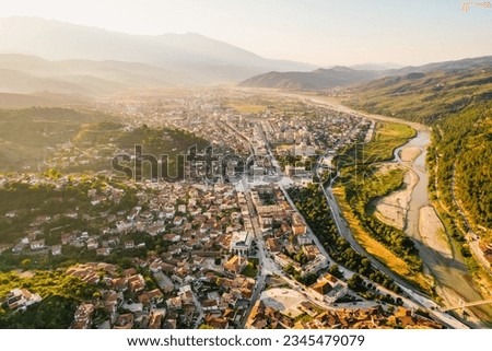 Albanian old city Berat with view of  berat castle walls and tiled roofs of houses.